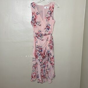 ELIZA J Sleeveless Pink Floral Ruched Chiffon Faux Wrap  Swiss Dot Dress 14